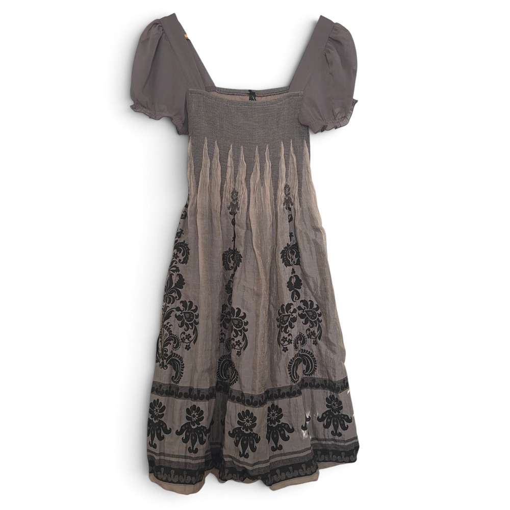 Anthropologie Lapis Smocked Damask Puff Sleeve Dress Taupe Grey Black Midi Small